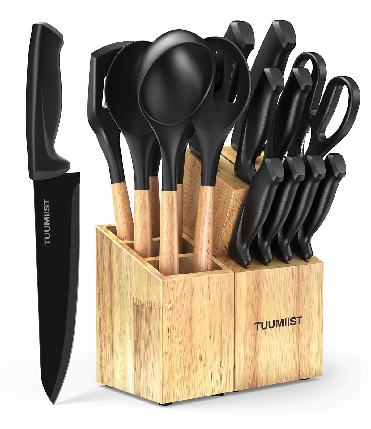 TUUMIIST 18-Piece Knife Sets for Kitchen with Block and Sharpener & Kitchen Utensils Set & Removable Utensil Holder (Wood & Black)-Precision Cutting Effortless Sharpening Convenient Organization Rieworkes
