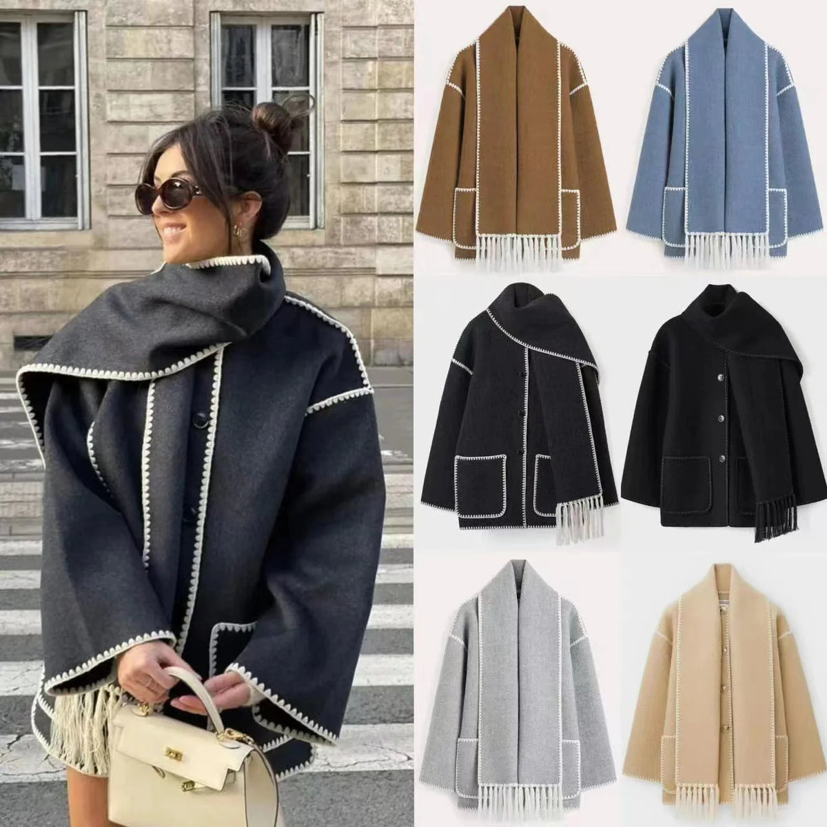 Women's Thick Woolen Coat with Scarf Rieworkes