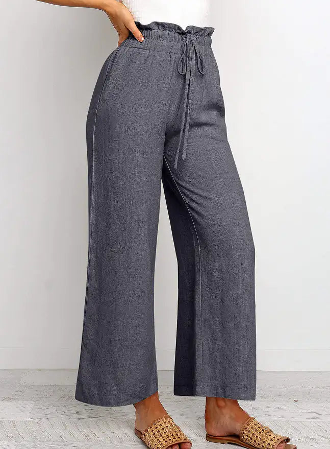 Elastic Waistband Lace-up Wide Leg Pants Solid Color Cropped Pants Rieworkes