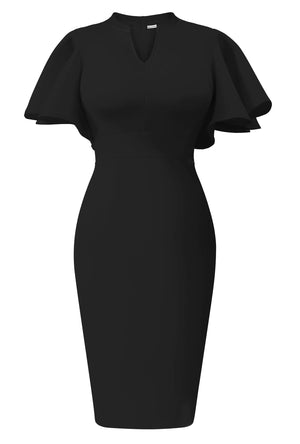 Memoriesea Womens Elegant Ruffle Sleeve Formal Party Cocktail Pencil Midi Dress Black Mimarta