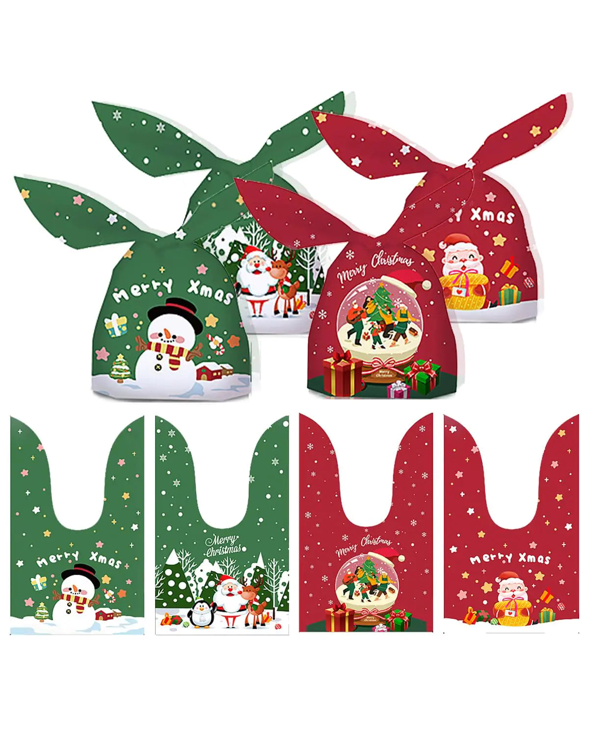 KOCOVIMI 100Pcs Christmas Treat Bags 4 Style Christmas Gift Bags for Kids Rabbit Ear Candy Bags Cute Christmas Goodie Bags Christmas Cookie Bags for Christmas Party Mimarta