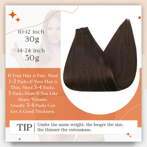 Full Shine Tape in Hair Extensions Remy Human Hair Invisible Skin Weft Color 2 Dark Brown Tape Hair Extensions Brazilian Hair 18 Inch 50 Gram Per Package 20 Pieces Seamless Human Hair Extensions # 2 Brown Rieworkes