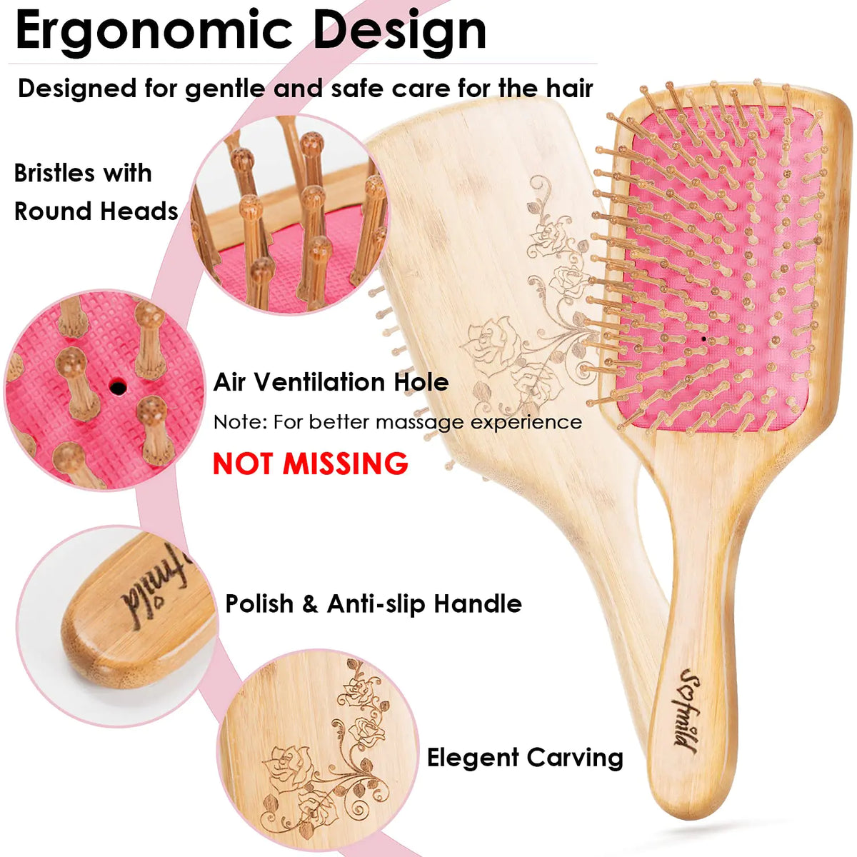 Sofmild Hair Brush-Natural Wooden Bamboo Brush-Eco Friendly Detangle Paddle Hairbrush for Women Men and Kids Massage Scalp Increase Hair Growth Rose Rieworkes