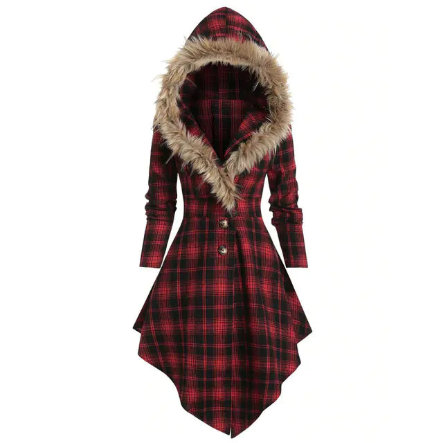 New Women's Winter Plaid Coat with Hood and Belt Mimarta