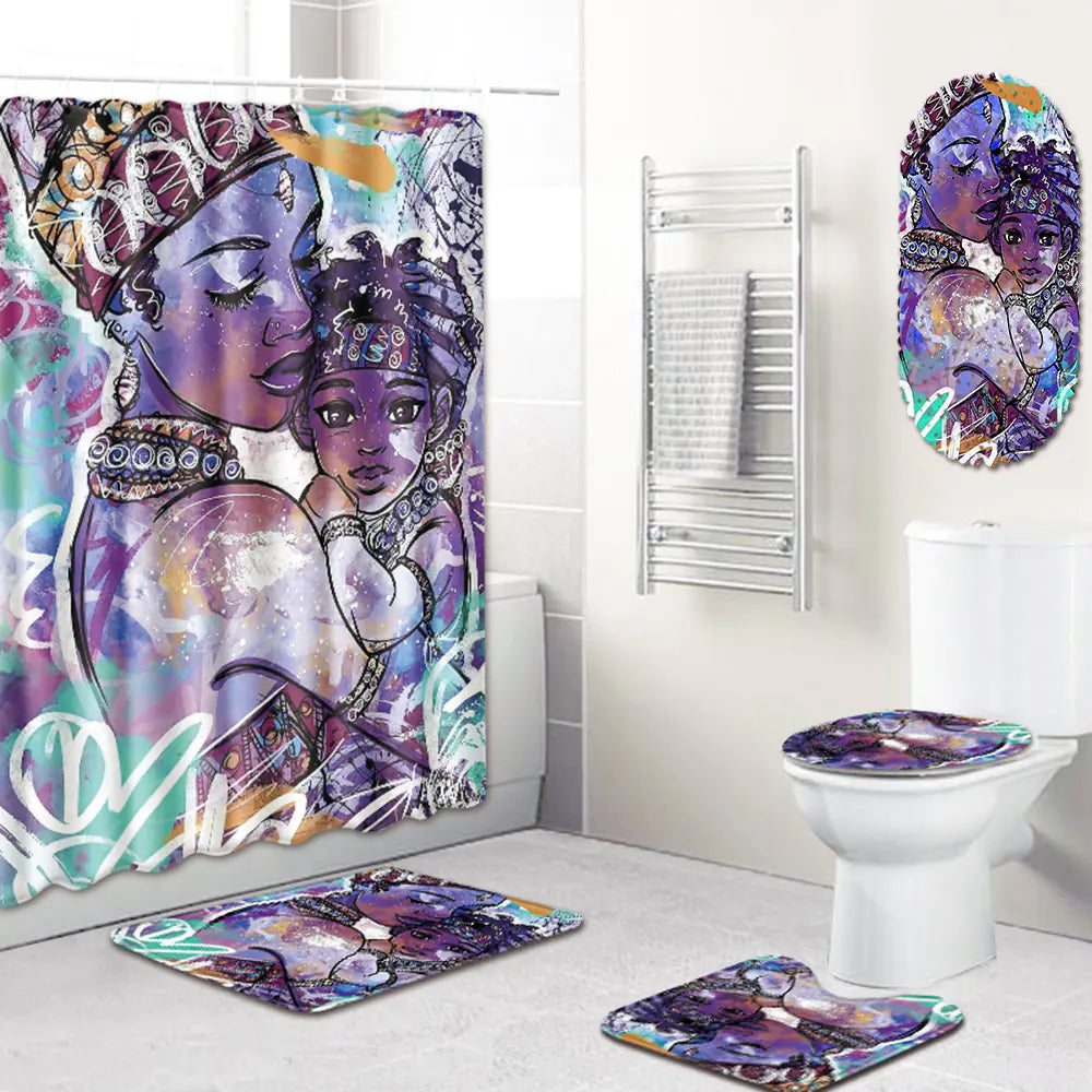 African Woman Bathroom Set with Shower Curtain and Mats Mimarta