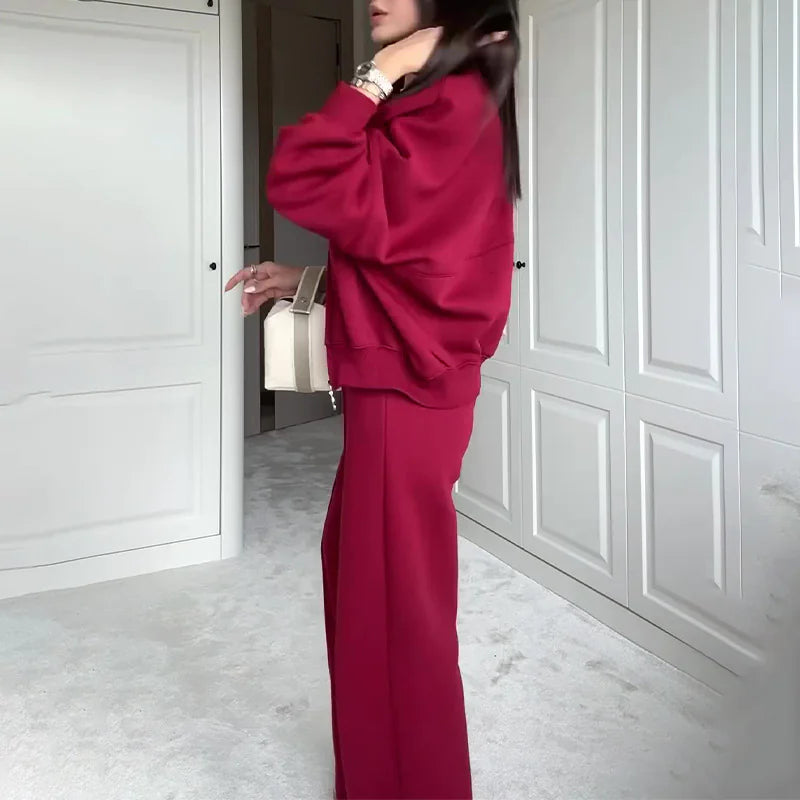 BASIC Solid Color Zip Sweater and Trousers Suit for Women Rieworkes