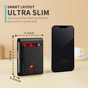 RUNBOX Slim Wallets for Men - Leather Money Clip Mens Wallet - RFID Blocking Front Pocket Bifold Wallet - Thin Credit Card Holder with Gift Box palm grain black Rieworkes
