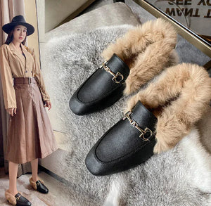 Fleece-Lined Flat Loafers with Rabbit Fur for Women Mimarta