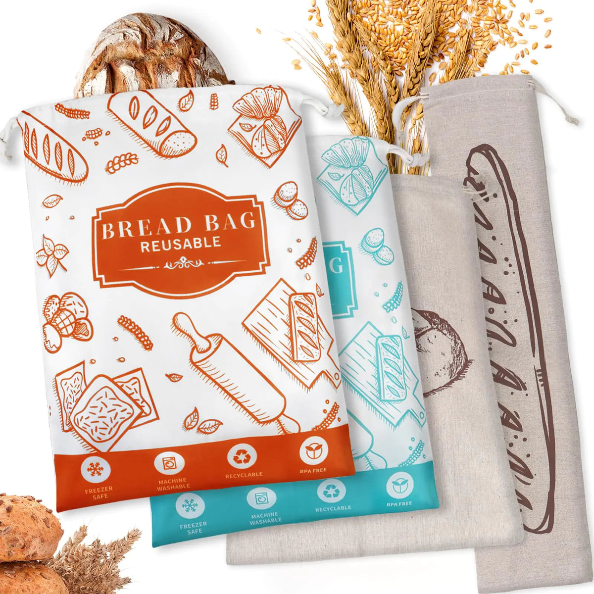4-Pack Bread Bags for Homemade Bread Reusable Sourdough Bread Storage Bags with TPU Lining for Loafs Baguette Fresh KeepingFreezer Bread Keeper Homesteading Essentials and Baking Gifts. Mimarta