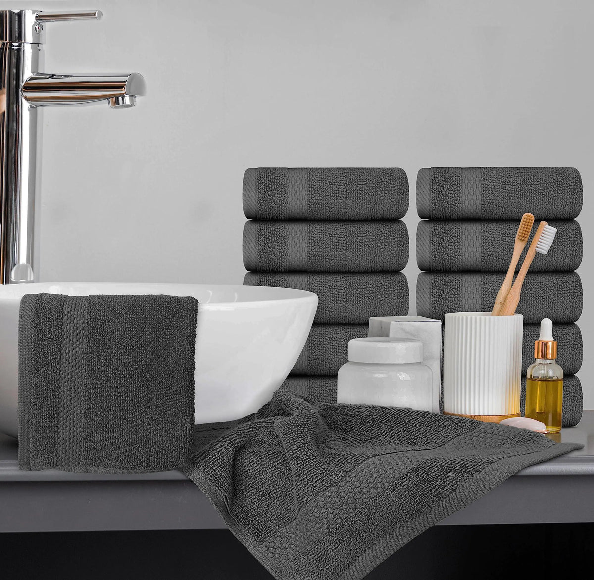 Luxury Washcloths for Bathroom Hotel Spa 12 Set 13x13 Inch Dark Gray Circlet Rieworkes