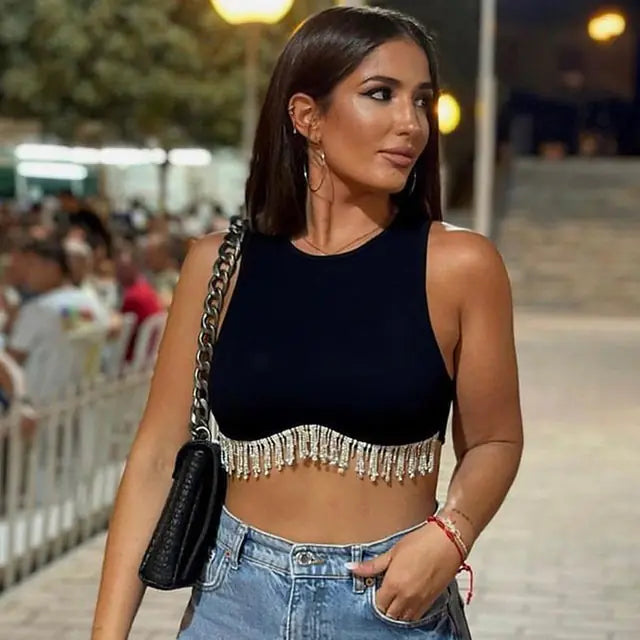 Elegant Rhinestone Tassel Cropped Top Rieworkes