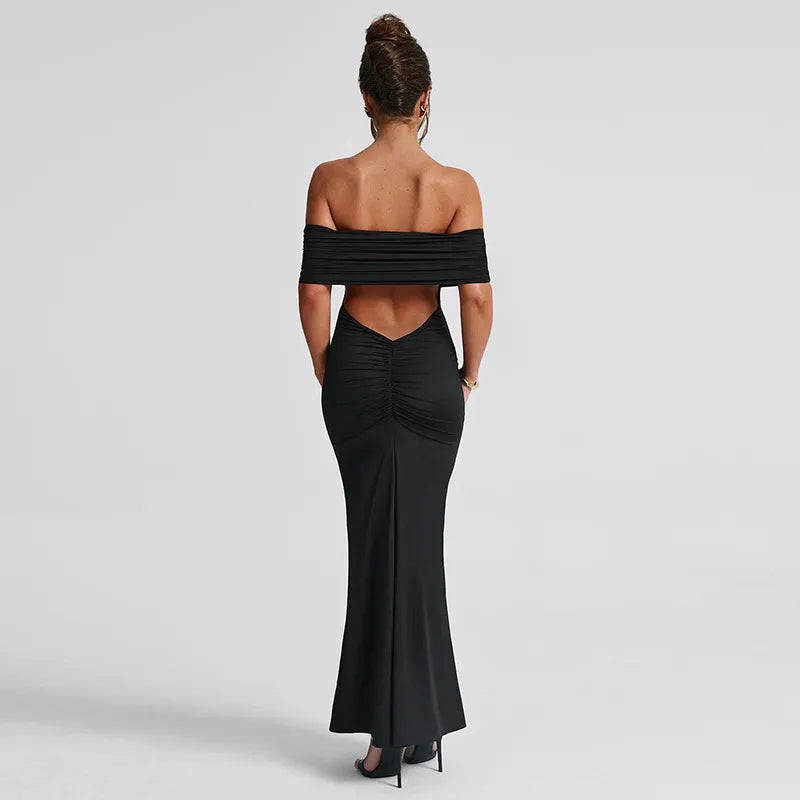Socialite Style Elegant Sexy Backless Off-shoulder Dress Women Rieworkes