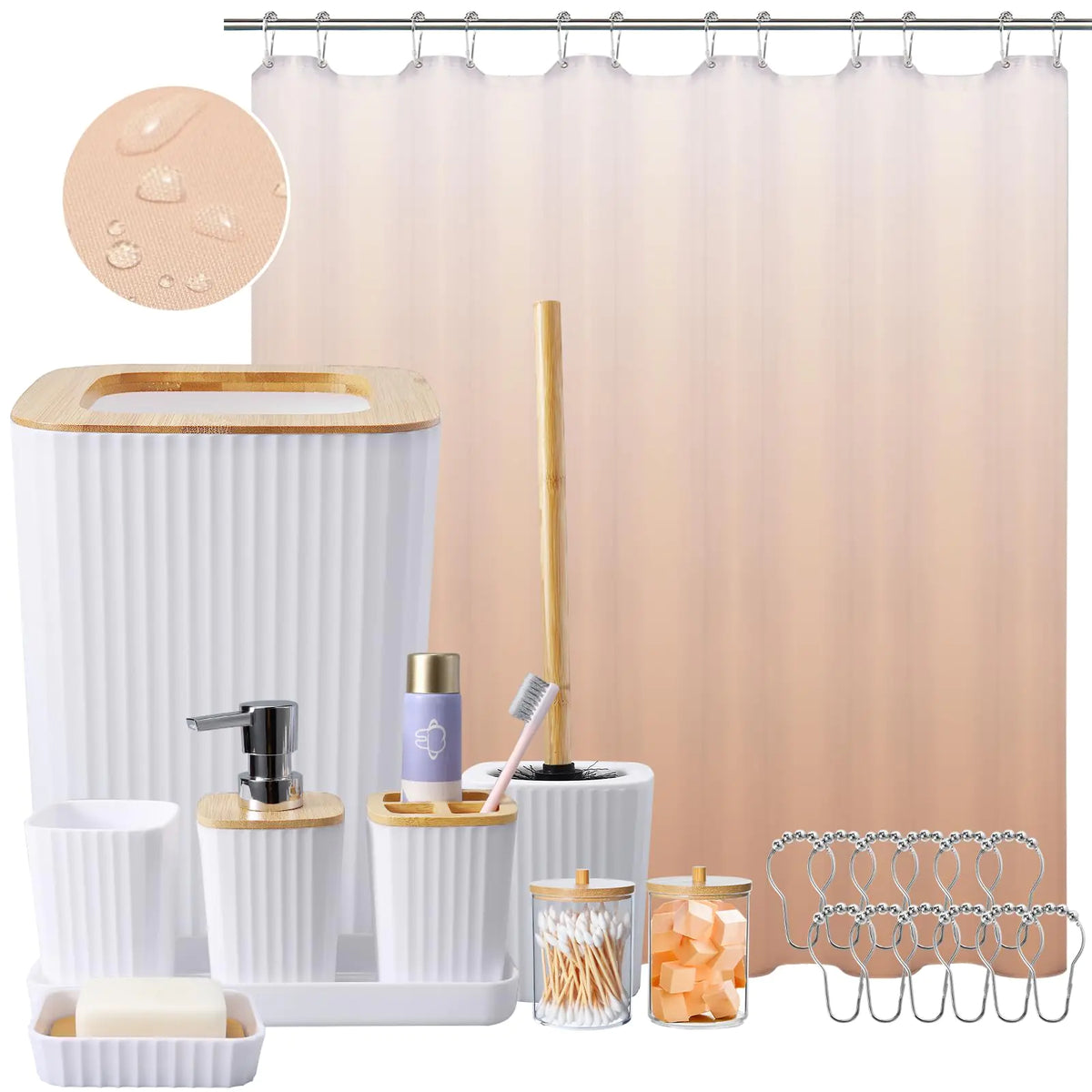 XLHOMO White Bathroom Set with Shower Curtain Beige Ombre Waterproof Shower Curtain with Stainless Steel Hooks White Bathroom Accessories Set Complete with Shower Curtain Set for Home Decor Mimarta