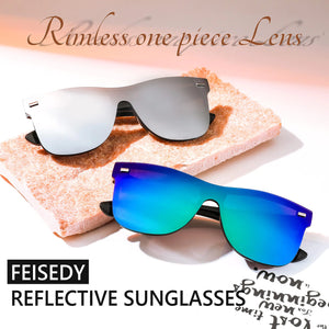 FEISEDY Sunglasses, Rimless Mirrored Sun Glasses with Reflective One-Piece Lens, B4114 Green Blue Mirror 62 Millimeters Rieworkes