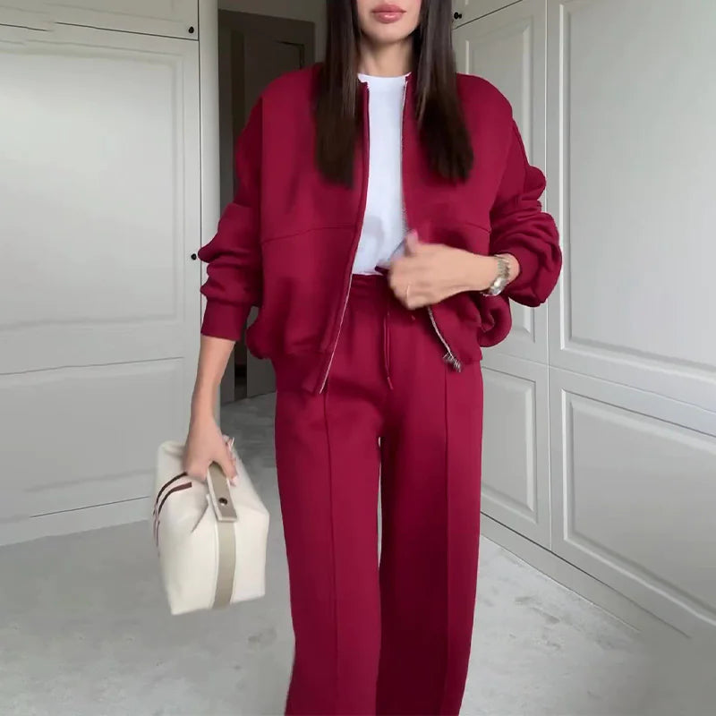 BASIC Solid Color Zip Sweater and Trousers Suit for Women Rieworkes