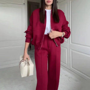 BASIC Solid Color Zip Sweater and Trousers Suit for Women Rieworkes