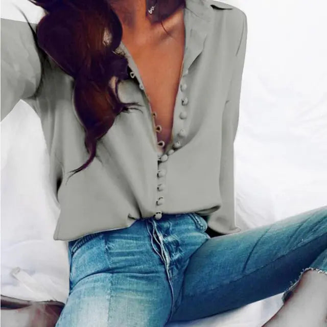 Fashion Casual Solid Color ladies office Tops Sexy Buttons Long sleeve Blouse 2020 new Spring Women Chiffon white Shirt Rieworkes