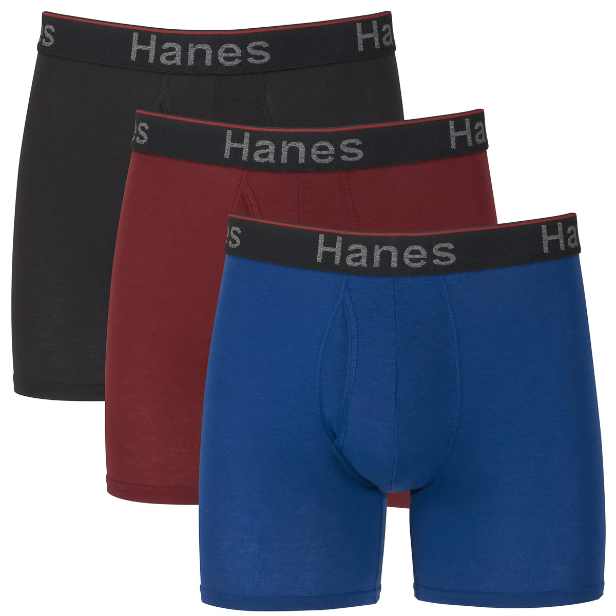 Hanes Total Support Pouch Men's Boxer Brief Underwear, Anti-Chafing, Moisture-Wicking Odor Control, 3-Pack (Reg or Long Leg) Large Regular Leg - Blue/Red/Black - 3 Pack Rieworkes