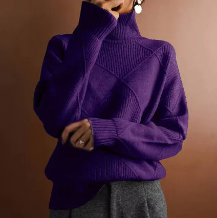 Loose High Collar Warm Sweater Solid Color Knitted Women Rieworkes
