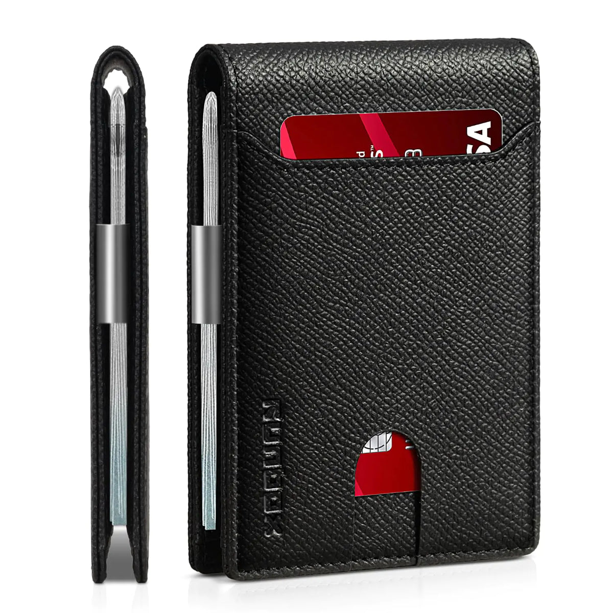 RUNBOX Slim Wallets for Men - Leather Money Clip Mens Wallet - RFID Blocking Front Pocket Bifold Wallet - Thin Credit Card Holder with Gift Box palm grain black Rieworkes