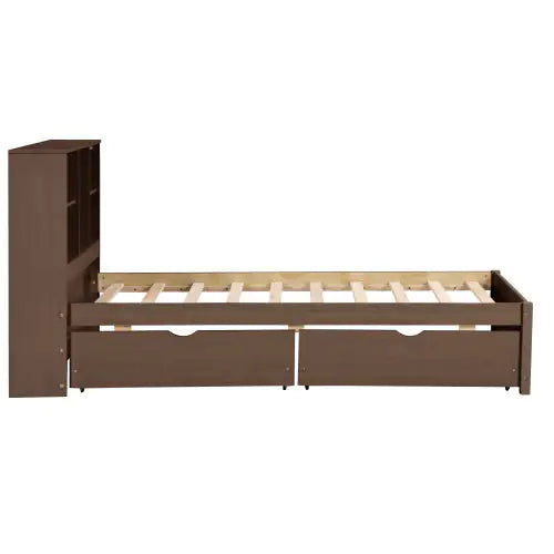 Modern Twin Size Bed Frame With Built-in USB Port On Bookcase Headboard And 2 Drawers For Walnut Color Rieworkes