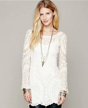 2021 hot sale flower pattern long sleeve loose hook beach dress women's hollow out sexy lace dress elegant sexy lace beach dress Rieworkes