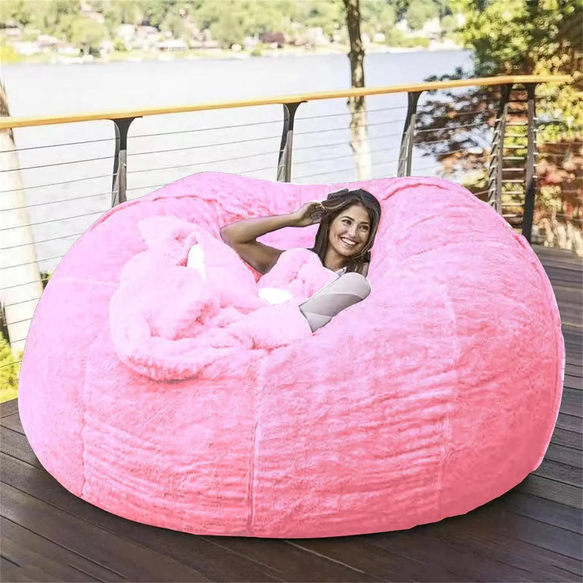 Giant Bean Bag Chair Cover(No Filler)Oversized Round Soft Fluffy PV Velvet Washable Lazy Sofa Bean Bag Bed Cover for Adults Living Room Bedroom Furniture Outside Cover (Pink 5FT) Rieworkes