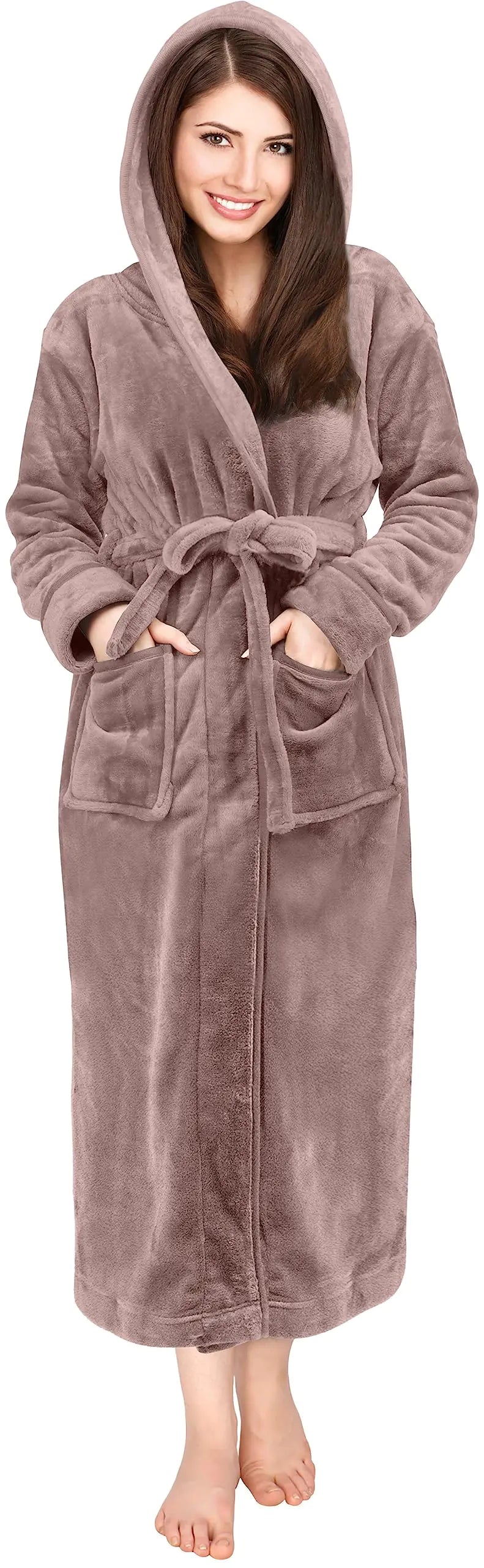 NY Threads Women's Fleece Hooded Bathrobe Plush Long Spa Robe X-Large Taupe Rieworkes