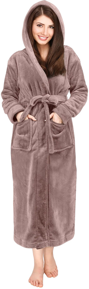 NY Threads Women's Fleece Hooded Bathrobe Plush Long Spa Robe X-Large Taupe Rieworkes