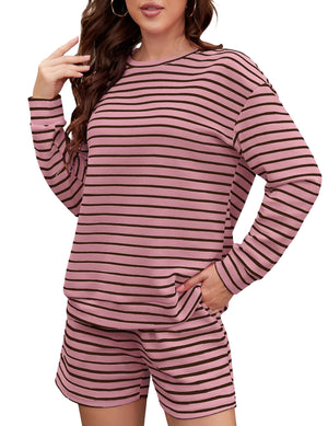 GGOV Women Oversized Striped Color Block Matching Set Crewneck Long Sleeved Top and Shorts Fashion Two-piece Set (Pink Coffee S) Rieworkes