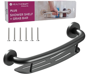 HEALTHCRAFT Plus 2-in-1 Shampoo Shelf and Grab Bar (19.5 Inch) | ADA Compliant Bathroom Safety Grab Bar for Seniors Wall-Mounted Supports Up to 500 lbs Matte Black Mimarta