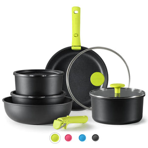 CAROTE Pots and Pans Set Non Stick Cookware Sets Oven/Fridge Safe Space Saving Pots Set 11pcs Kitchen Set Nonstick Set with Versatile Removable/Detachable Handle Induction RV Set Chartreuse Rieworkes
