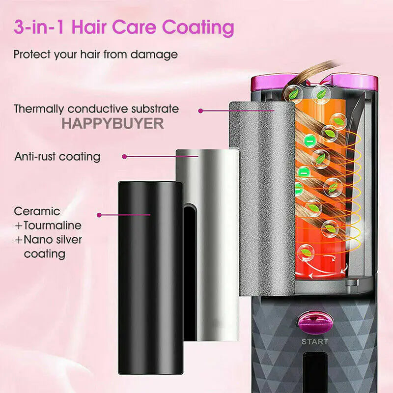 Hair Curler LCD Cordless Auto Rotating Waver Curling Iron Ceramic Wireless USA Rieworkes