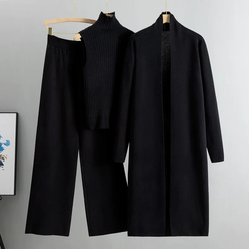 Women's 3-Piece Knit Set: Sleeveless Vest, Long Cardigan, and Wide-Leg Pants Rieworkes