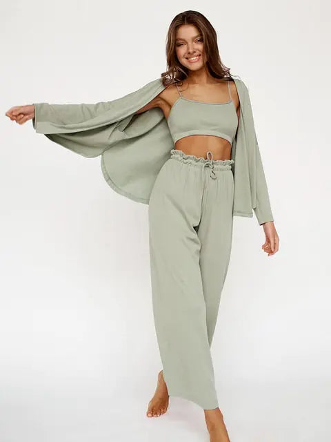 Ribbed Drop Sleeves Sleepwear Women Set Rieworkes