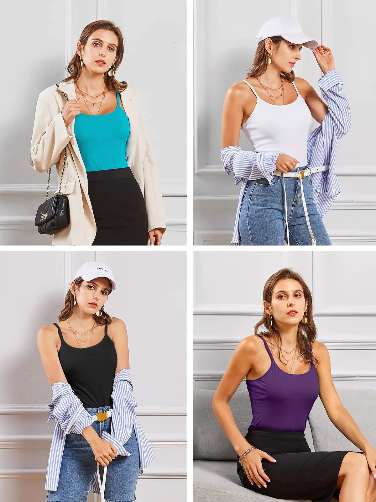 V FOR CITY Cotton Shelf Bra Camisoles Top for Women Adjustable Spaghetti Strap Tank Tops Basic Layer Camis 2 Pack Medium Black/Hot Pink Rieworkes