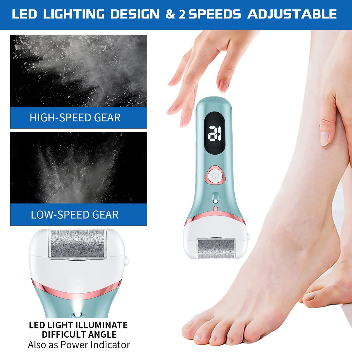 Electric Foot Callus Remover, Rechargeable Portable Electronic Foot File Pedicure Kits, Waterproof Foot Scrubber File, Professional Pedicure Tools, Foot Care for Dead Skin Ideal Gift, 3 Rollers Blue Rieworkes