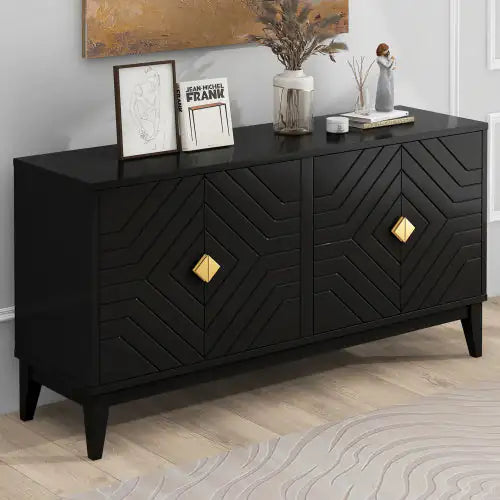 4-door Sideboard Storage Cabinet For Living And Dining Room, Two Large Cabinets With Gold Handle And Adjustable Shelves, Black Rieworkes