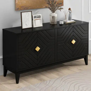 4-door Sideboard Storage Cabinet For Living And Dining Room, Two Large Cabinets With Gold Handle And Adjustable Shelves, Black Rieworkes