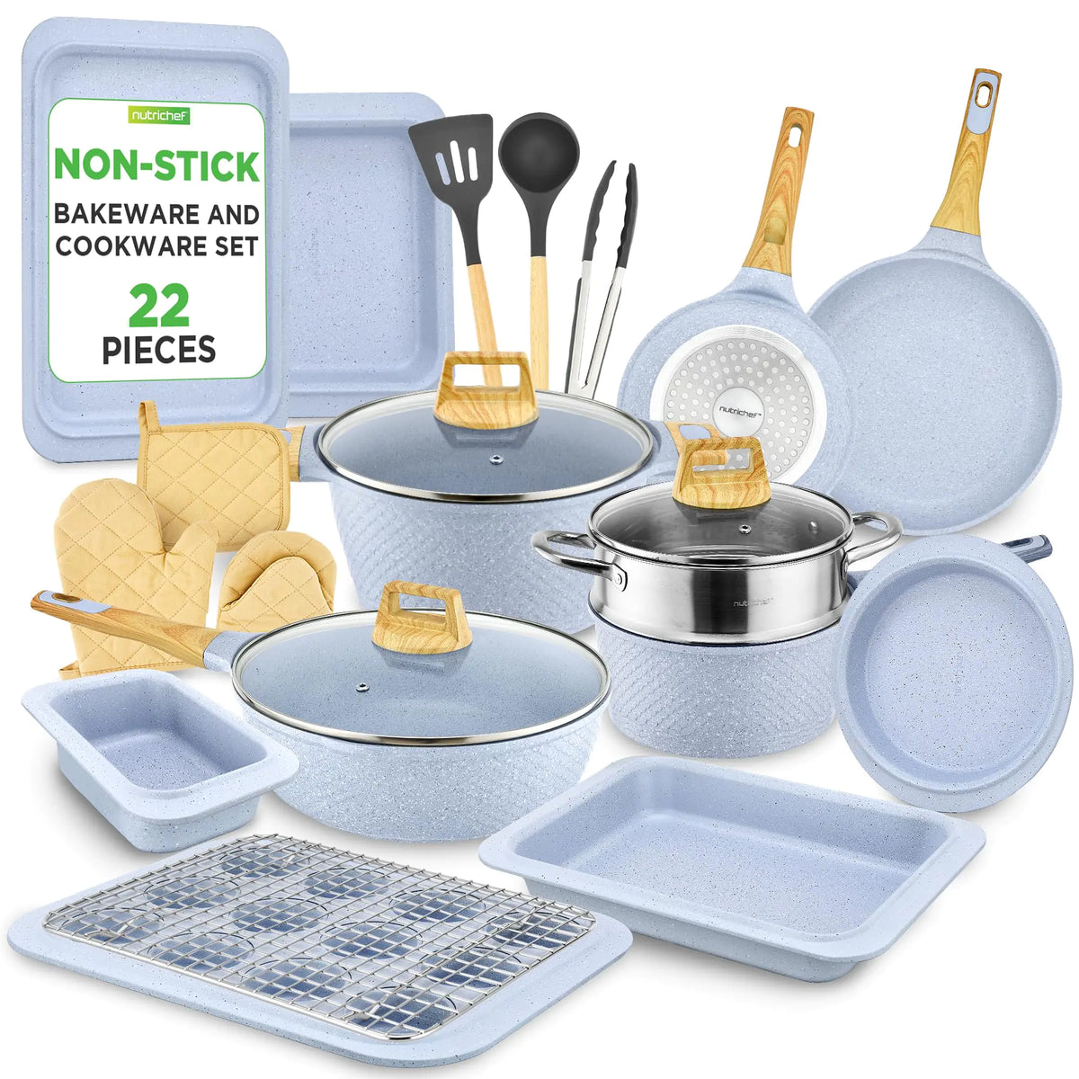 Nutrichef 22-Piece Cookware and Bakeware Set | Professional Home Kitchen Collection with Multi-Sized Pots Pans Non stick and Heat-Resistant Tools (Moon Grey Marble) Mimarta