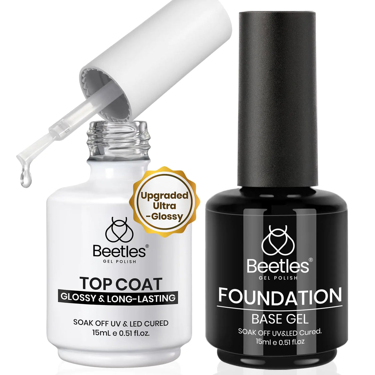 Beetles Gel Base and Top Coat,2 Pcs 15ml Upgrade Super Shiny Gel Top Coat and Base Coat Set,Glossy and Long-Lasting Gel Polish,Soak Off Nail Lamp Foundation Combination Gel Polish Base and Top Coat Rieworkes
