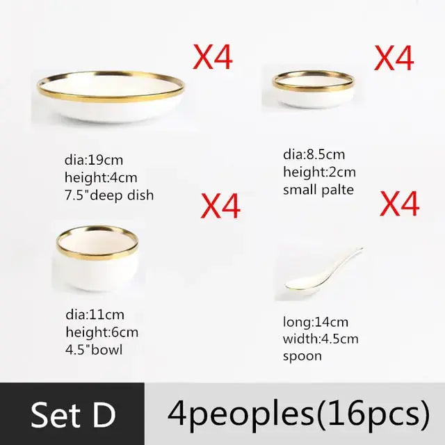 High-quality Matte Gilt Rim White Porcelain Dinner Tray Kitchen Plates Ceramic Tableware Food Dishes Rice Salad Noodles Bowl Rieworkes