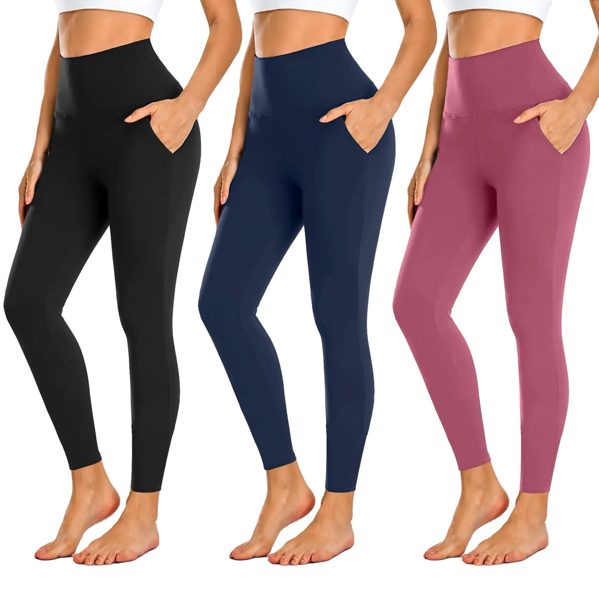 NEW YOUNG 3 Pack Leggings with Pockets for Women,High Waisted Tummy Control Workout Yoga Pants Small-Medium 3 Pack-c-black/Navy/Rose Pink Rieworkes
