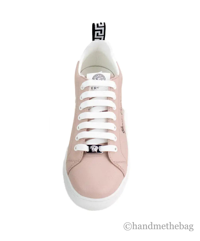 Versace Powder Blush Vitello Leather Signature Lace Sneakers Mimarta