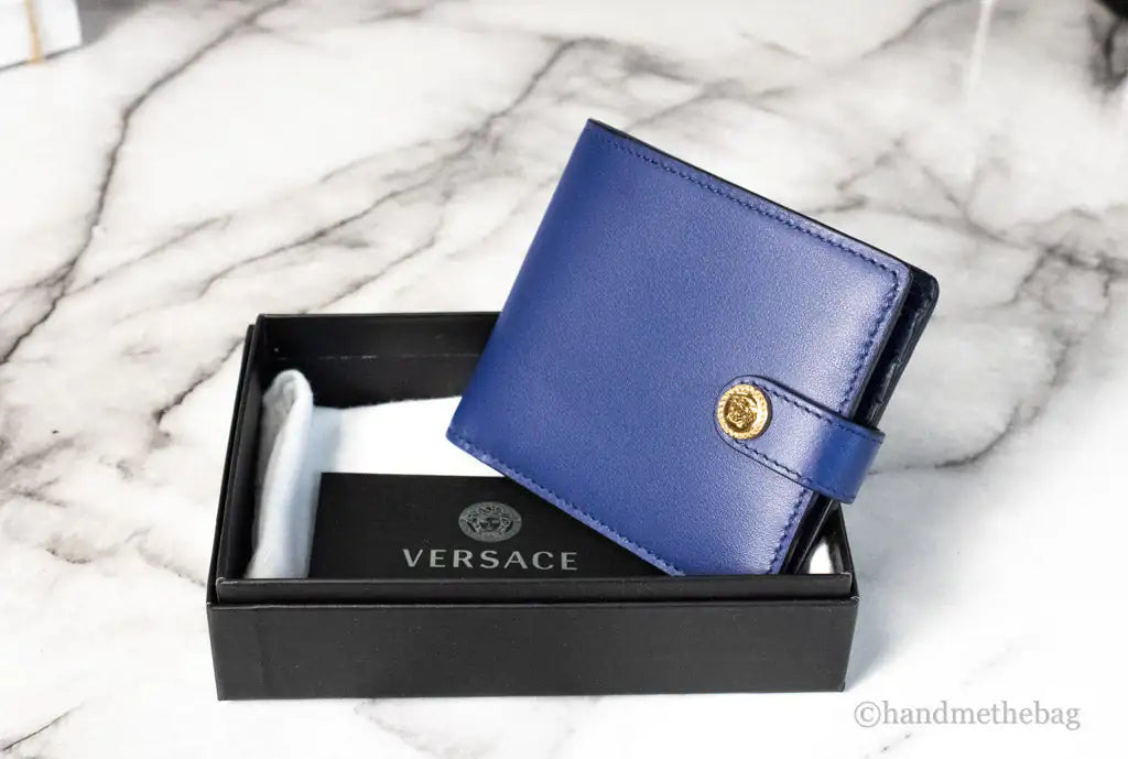 Versace Navy Blue Compact Leather Medusa Snap Bifold Wallet Mimarta