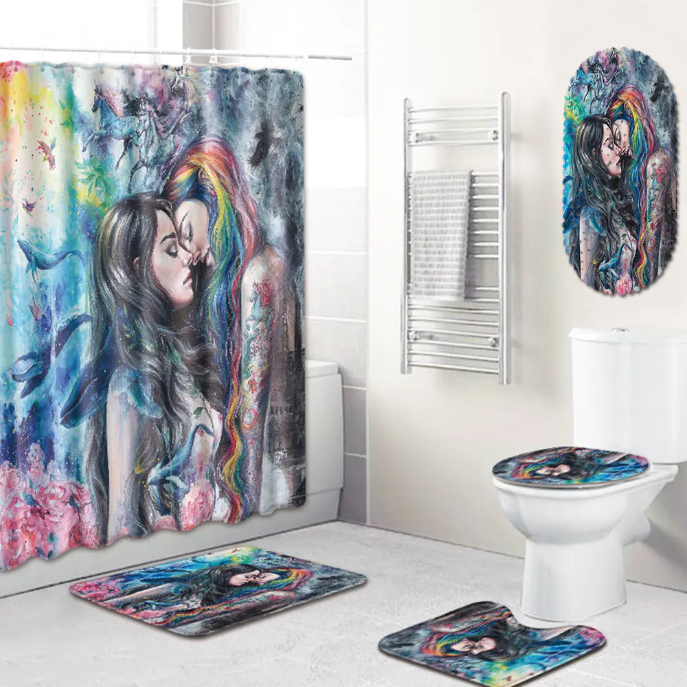 African Woman Bathroom Set with Shower Curtain and Mats Mimarta