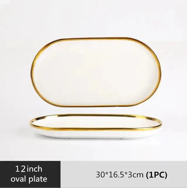 High-quality Matte Gilt Rim White Porcelain Dinner Tray Kitchen Plates Ceramic Tableware Food Dishes Rice Salad Noodles Bowl Rieworkes
