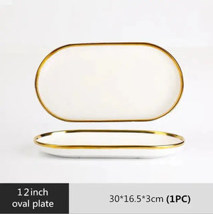 High-quality Matte Gilt Rim White Porcelain Dinner Tray Kitchen Plates Ceramic Tableware Food Dishes Rice Salad Noodles Bowl Rieworkes
