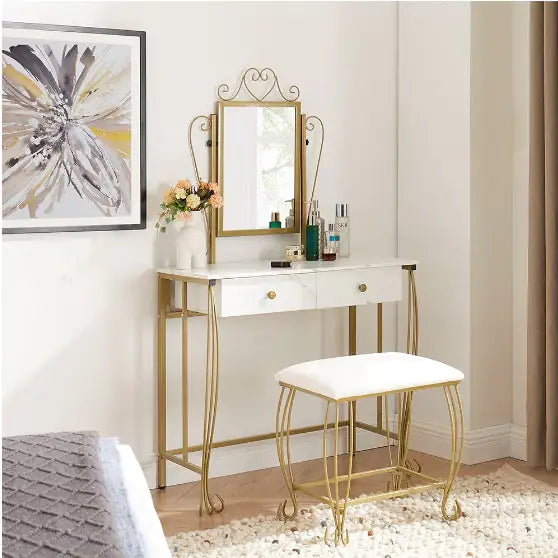 Vanity Table Set With Mirror &amp; Stool,White Makeup Dressing Desk With Drawers For Girls,Women,Bedroom,Gift Rieworkes