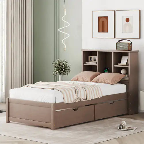 Modern Twin Size Bed Frame With Built-in USB Port On Bookcase Headboard And 2 Drawers For Walnut Color Rieworkes